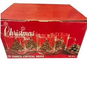 Vintage Christmas by Carlton 10 ounce Crystal Mugs Trees 1985 Box Clear 4 in Set